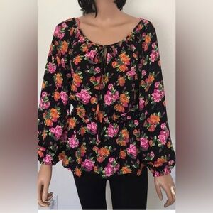 Betsey Johnson Women’s Floral Print Long Sleeve Peplum Blouse Top Size Medium